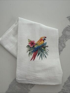 Brand New White - Flour Sack Towel with Colorful Parrot Print